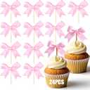 24Pcs Pink Bow Cupcake Toppers - Pink Bow Cake Topper Birthday Decorations, Bowknot Cupcake Picks for Coquette Bow Theme Party Decoration Bachelorette Bridal Engagement Wedding Baby Shower Party Decor