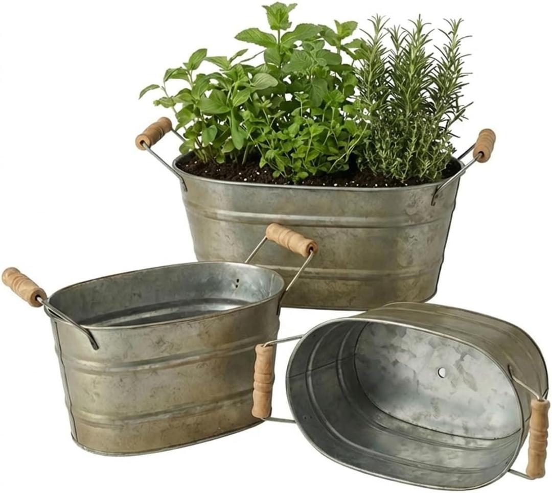 vensovo Galvanized Metal Oval Planter Buckets with Handles – Set of 3 Rustic Farmhouse Flower Tubs with Drain Holes & Plugs, Vintage Small Pots for Herbs, Succulents, Wedding or Tabletop Decor
