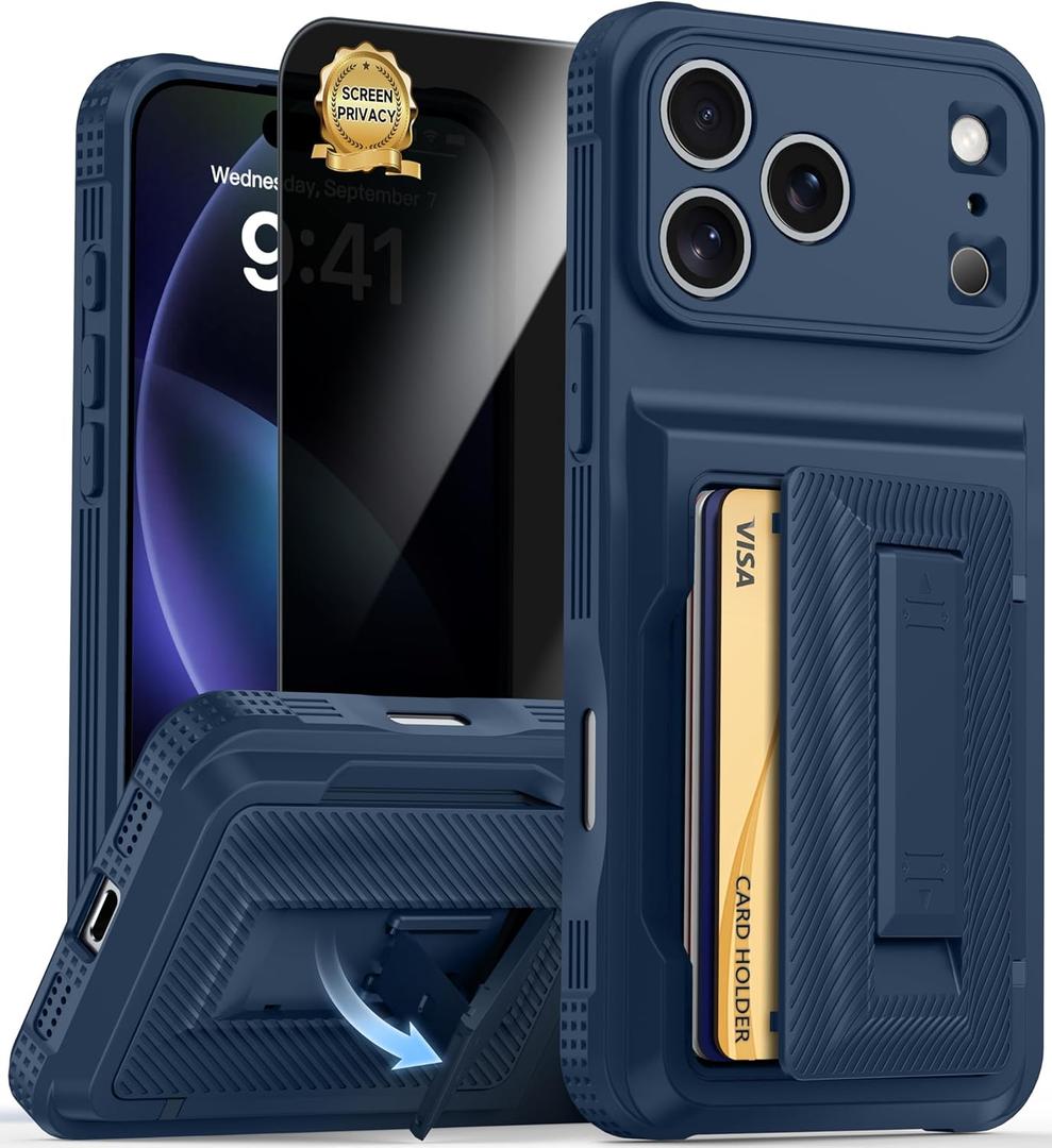 for iPhone 17 Pro Max Case Wallet with Card Holder (4-5Cards) +1 Privacy Screen Protector,[RFID Blocking][Kickstand][Military Drop Protection] Full Camera Protection Wallet Case for iPhone 17 Pro Max (Blue)