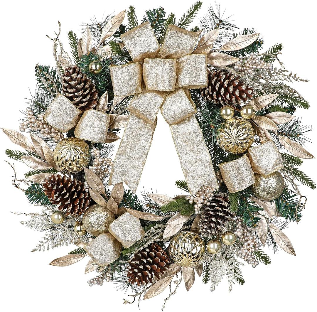 24 inch Champagne Christmas Door Wreath with Bow, Pine Wreaths for Front Door with Golden Ball Leaf Stems Pinecones Berries for Fireplace Xmas Decorations, Wall Window Indoor Outdoor Decor