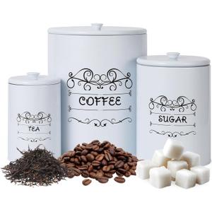 Kitchen Canisters Set of 3, Airtight Vintage Food Storage Jars with Lids for Farmhouse Kitchen Decor, Rustic White Canisters for Coffee, Sugar, Tea Storage