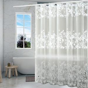 Shower Curtain Liner, 4G PEVA Shower Liner, Plastic Waterproof Shower Curtains, with Grommet Holes and 3 Magnetic Weights(White Flower)