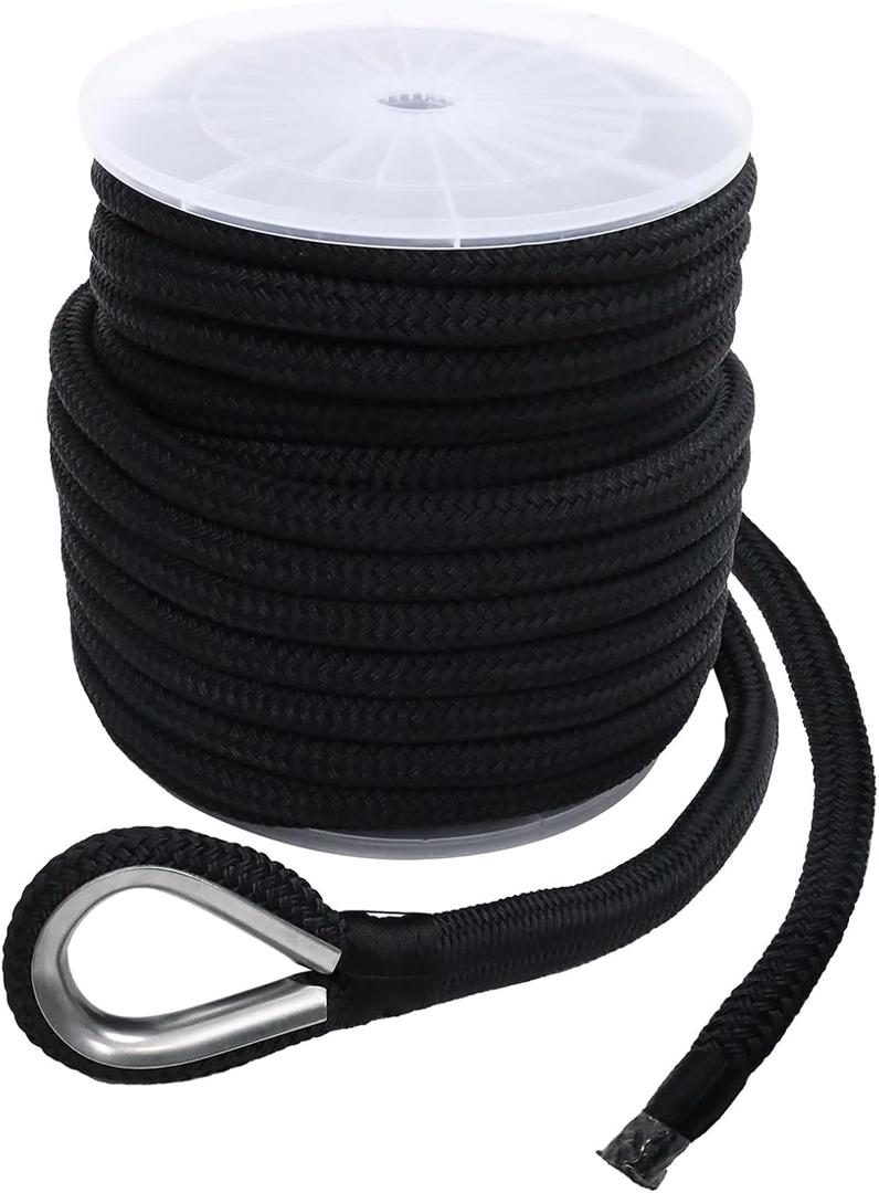 NovelBee 1" Anchor Line 150',Double Braid Nylon Rope with Thimble (Black)