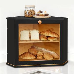 Bamboo Corner Bread Box for Kitchen Countertop - Double Layer Bread Storage with Clear Window, Black Wooden Bread Keeper Organizer for Homemade Bread, Under Cabinet Mount, Fits Countertop & Pantry
