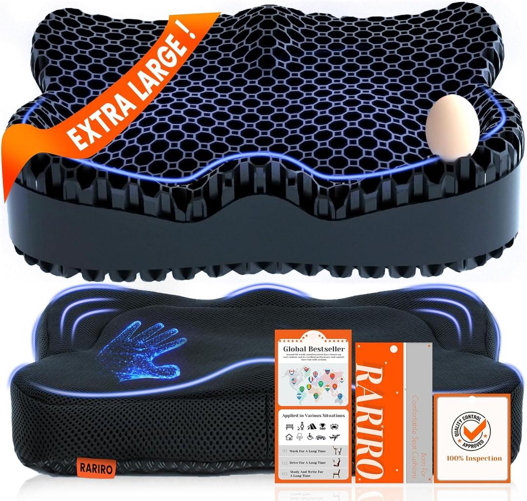 Enlarged 19.7" Gel Seat Cushion, Egg Gel Chair Pads for Wheelchair Pressure Coccyx Sciatica Pain Relief, Cooling Desk Seat Cushion for Kayak, Car, Office Chair Long Sitting[Black], 19.7*16.1*3.5in