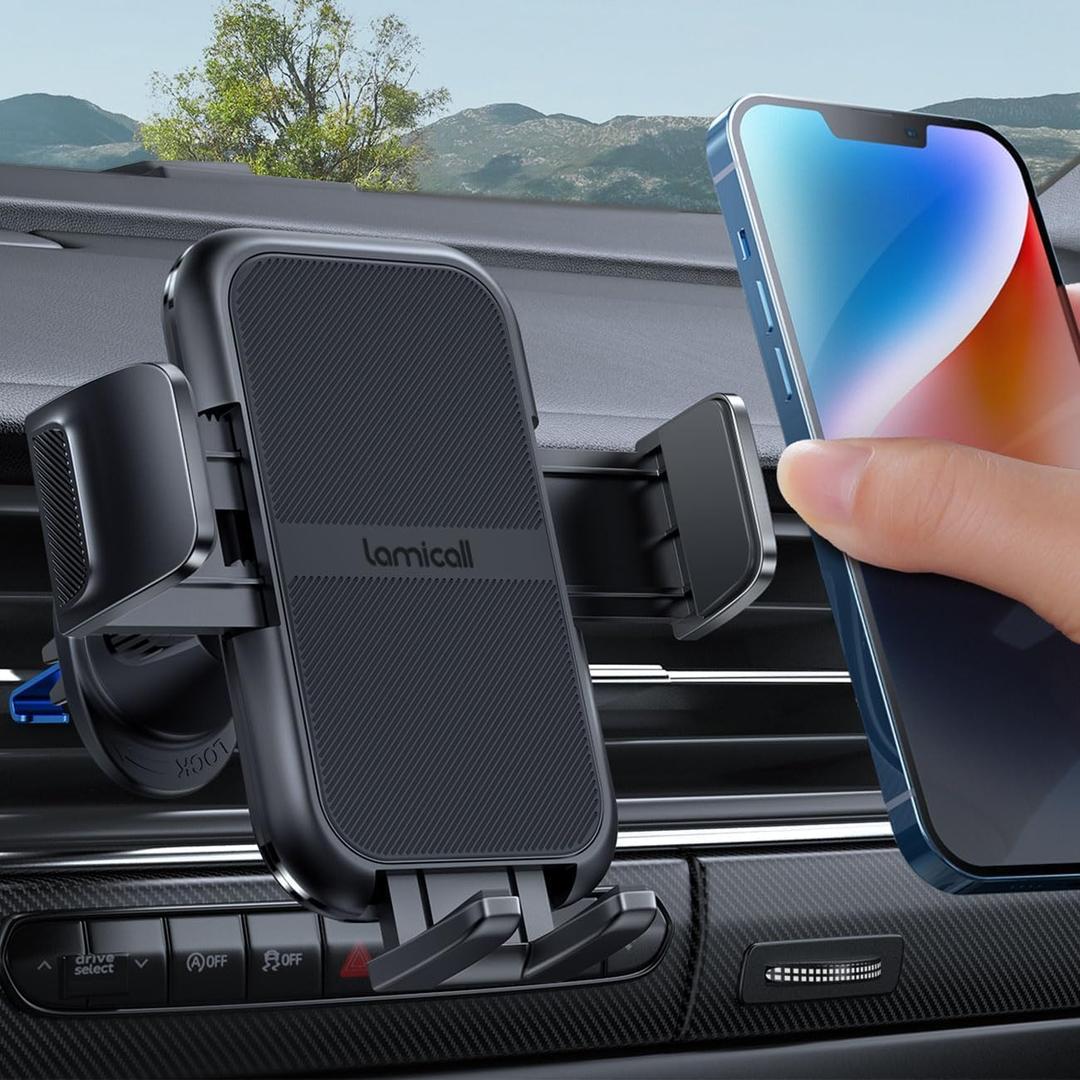 Lamicall 2026 Wider Clamp & Metal Hook Car Phone Holder Vent [Thick Cases Friendly] Phone Holders for Your Car Mount Gfts Hands Free Accessories for Women Men for iPhone 16 Pro Max MoM Interior Sets (Black)