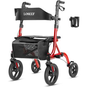 Rollator Walkers for Seniors, 10" Big Rubber Wheels All Terrain Rollator Walker with Adjustable Backrest and Handles, 350 Lbs, Cup Cane Holder, Foldable Lightweight Walker with Seat for Seniors Red