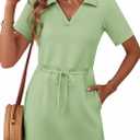 Deer Lady 2025 Casual Summer T Shirt Dress for Women Drawstring Short Sleeve V Neck Mini Shift Dresses with Pockets (Green, S)