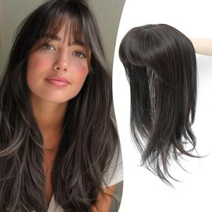 Ms Taj 18 Inch Hair Topper with Clip in Bangs, Synthetic Fluffy 4"x5" Layered Straight Toppers for Women, 360 3D Cover Bangs Hairpiece for Thinning Hair(Dark Brown)