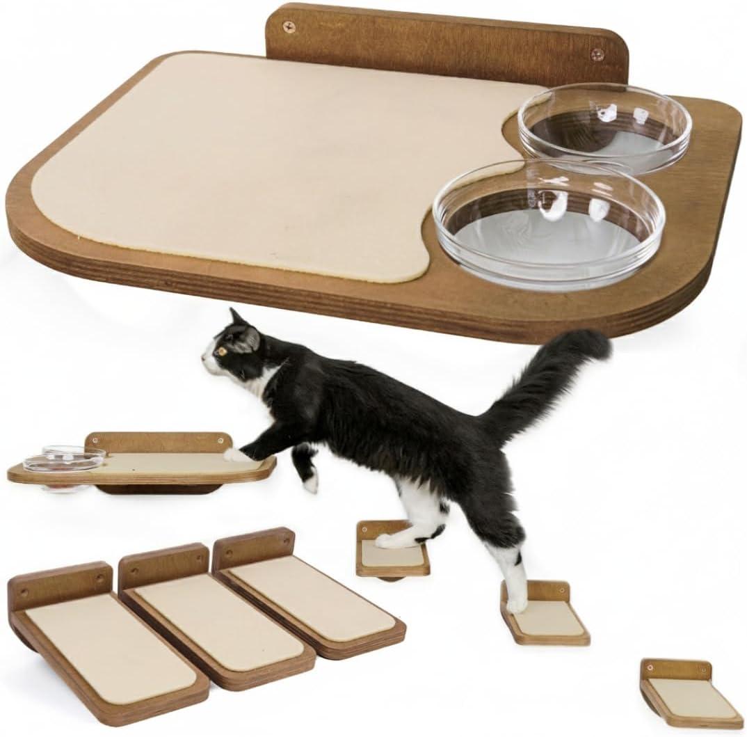 INICIO Cat Shelves Dog Proof Feeding Station with Wall Mounted Shelves, 3 Steps for wall with Floating Shelf for Cats Up to 15lbs, Includes Attached Cat Food Bowl for Convenient Feeding Brown