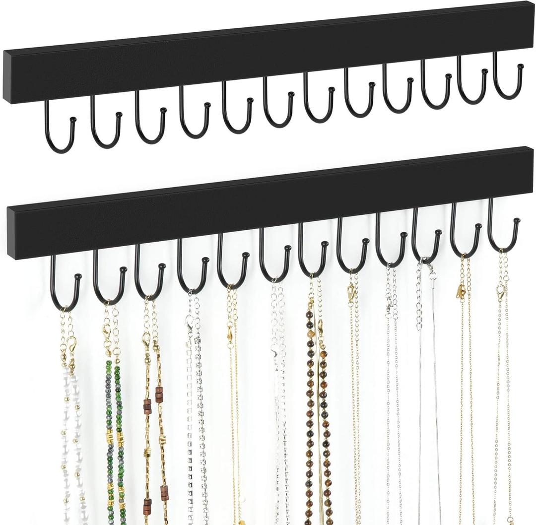 ZEDODIER 2 Pack Necklace Organizer Wall Mount, Wooden Jewelry Hanger Necklace Holder with 24 Hooks,Hanging Jewelry Organizer, Black