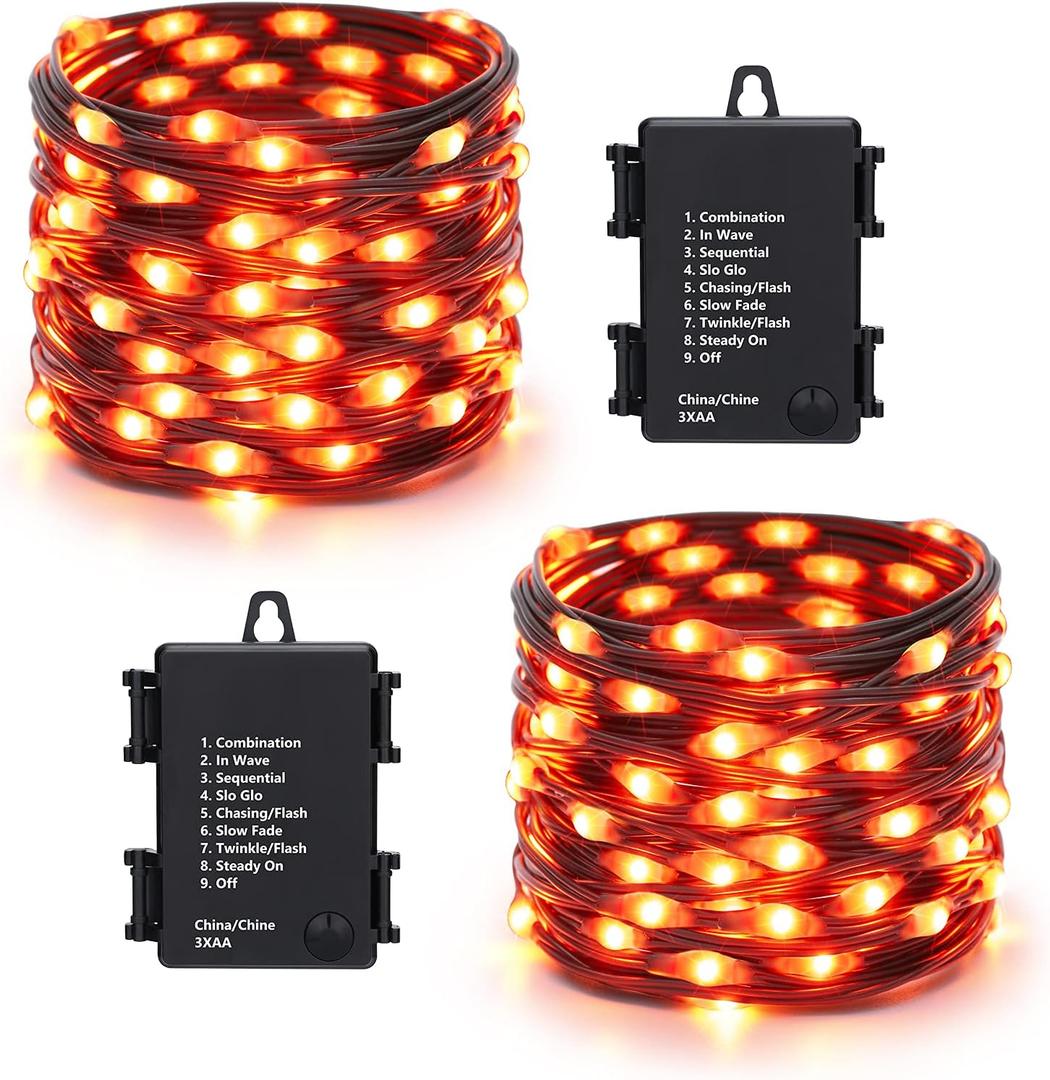 Brizled Orange Halloween Lights, 2 Pack 17.38ft 50 LED Halloween Lights, 8 Modes Halloween String Lights with Timer, Waterproof Orange Lights Black Wire Battery Operated for Indoor Outdoor Decorations