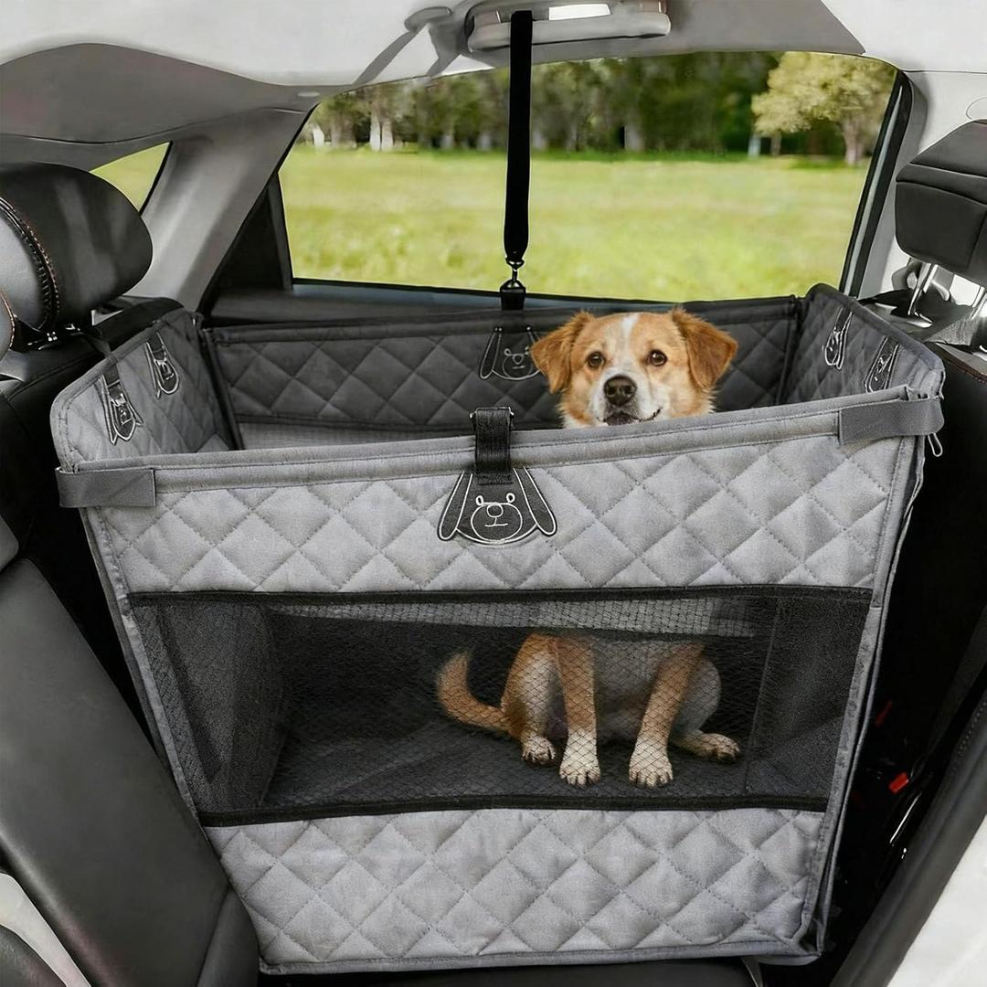 Dog Car Seat, Waterproof Pet Car Back Seat for Large Medium Dogs, Carseat for Dogs with Hard Bottom, Foldable Dog Carseat for Cars, Trucks and SUVs (Grey, L)