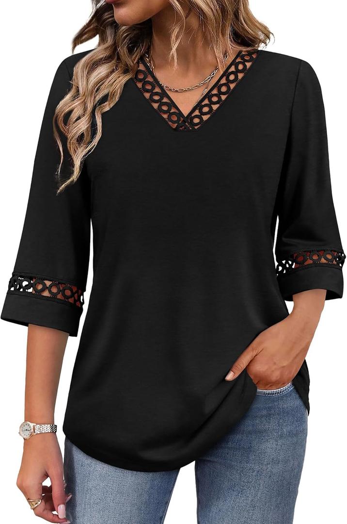 Womens Tops Eyelet Lace V Neck Bell Sleeve Blouses Dressy Casual Work Shirt 2026 Summer Spring Fashion Clothing (Black, XXL)