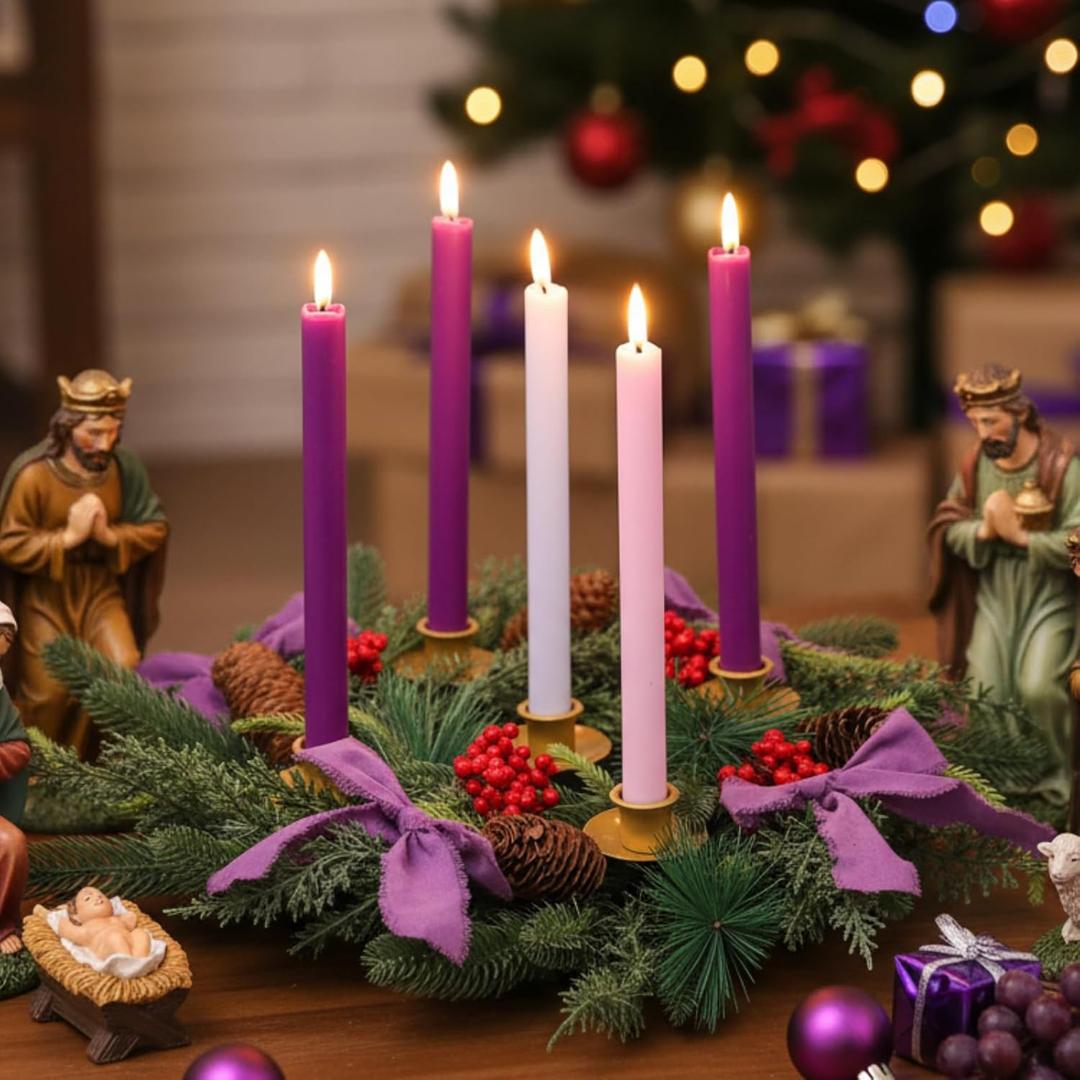 Suncalla 6 Pcs Purple Bow Christmas Advent Wreath with 5 Flameless Advent Candles, 11.8" Wreath with Remote, Flickering Flameless Candles for Candle Holder Holiday School Church X-Mas Celebration