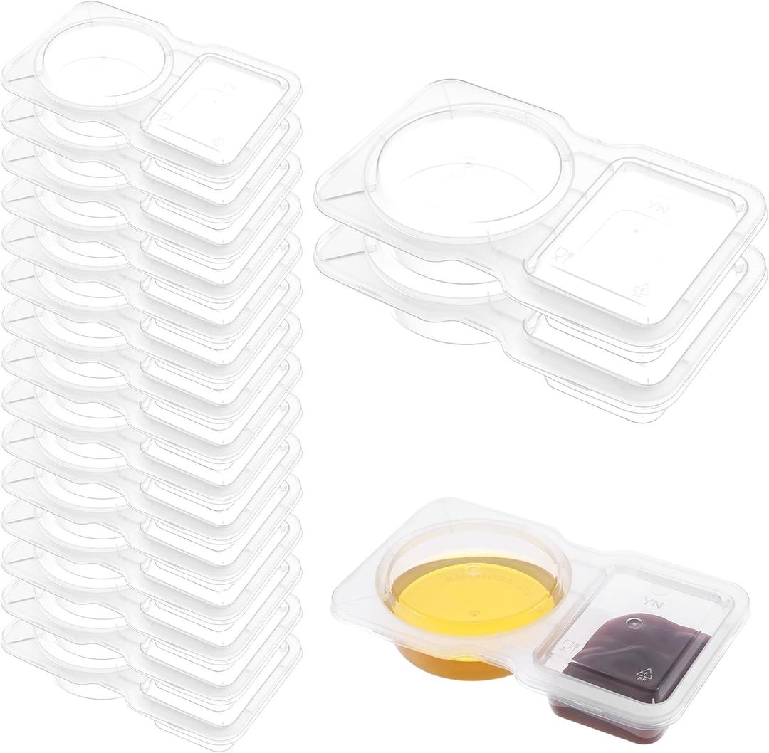 DIVINA VITAE 50Pcs Double Compartment Condiment Containers with Lids, Reusable Plastic Snack Pack Containers Small Condiment Containers for To-Go Sauce, Sampling, Travel Snack