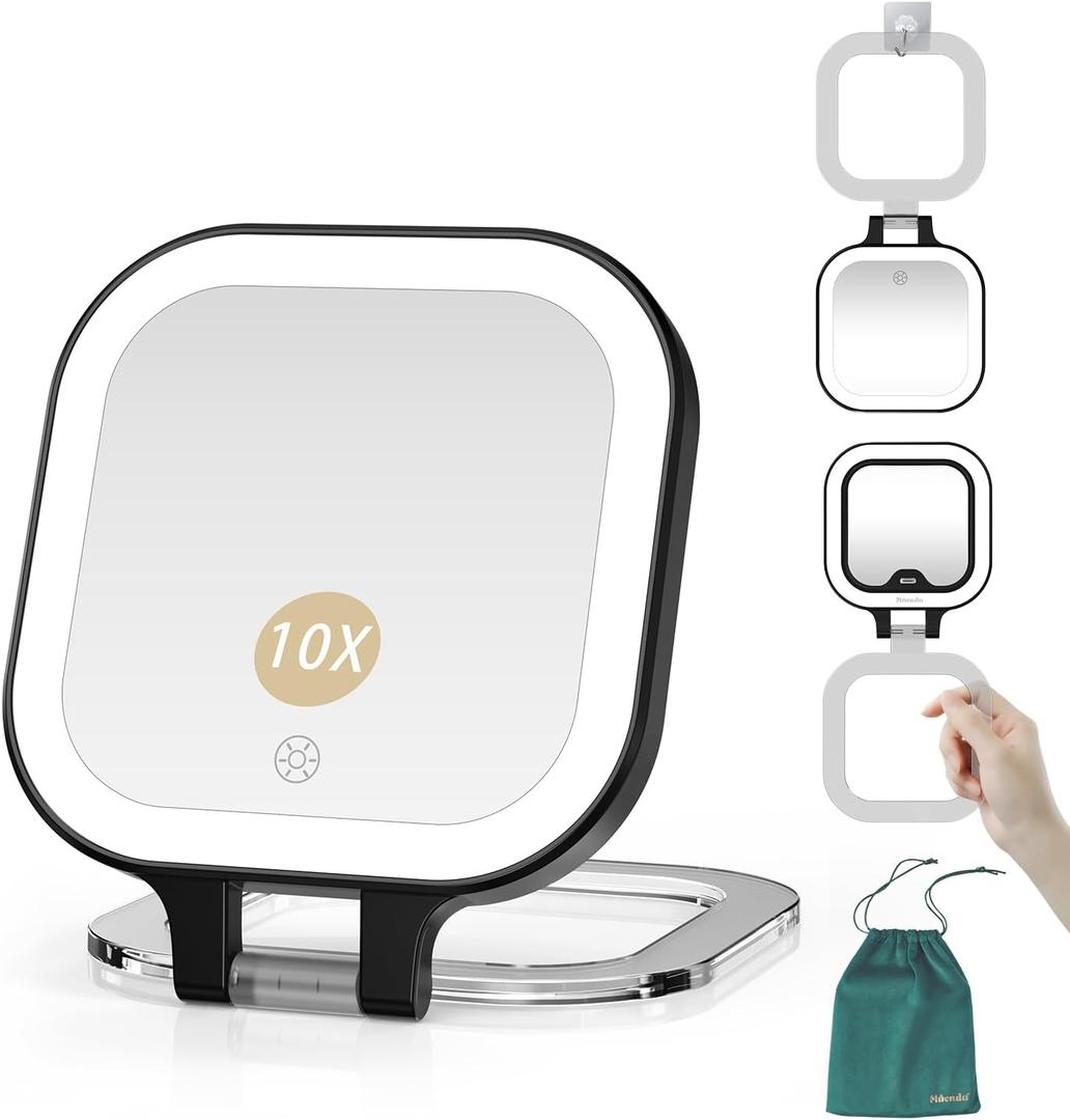 Mocado Compact Travel Makeup Mirror, 1X/10X Magnifying Mirror with Light, Double Sides Compact Mirror with 3 Color Light, Dimmable Handheld Mirror, Rechargeable Travel for Purse, Pocket(Black)