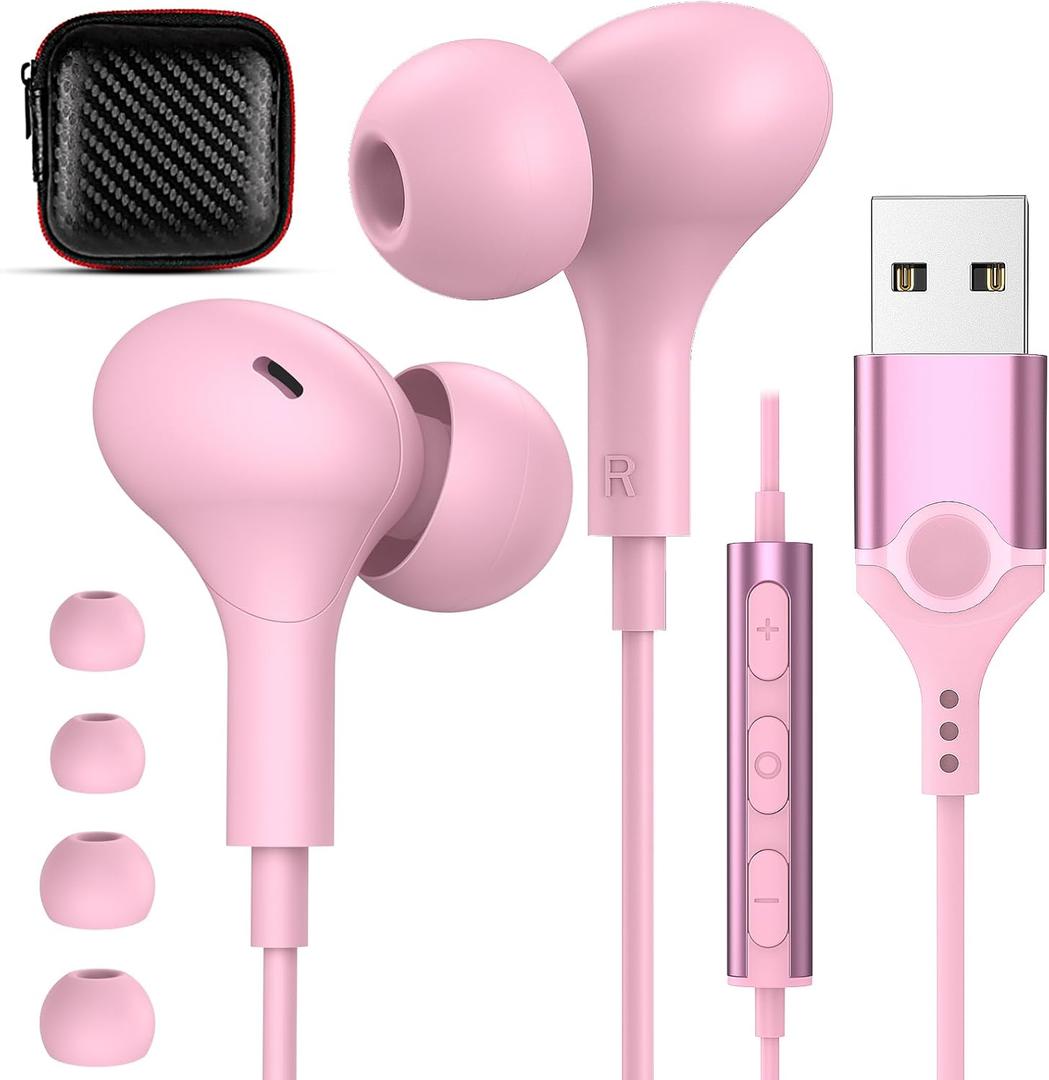 USB Headphones with Microphone for Laptop,7.5ft Magnetic Wired Earbuds Noise Canceling in-Ear Earphones with Mute Mic Volume Control Stereo Bass for PC Desktop Dell HP Acer Laptop,School,Women/Girl (Rose-Pink)