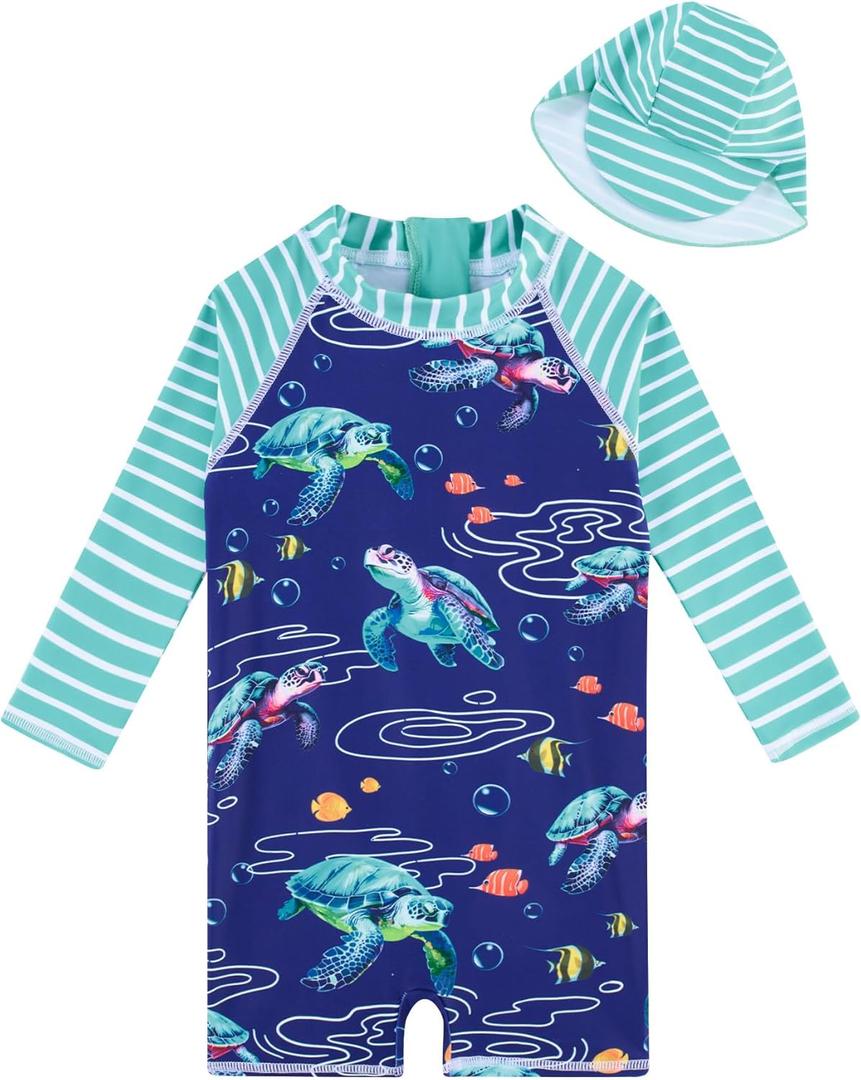 ADUKIDE Baby Boys Swimsuit Summer Beach Rash Guard Swimwear One Piece Sunsuit with Sun Hat 3-24 Months (Sea Turtle)