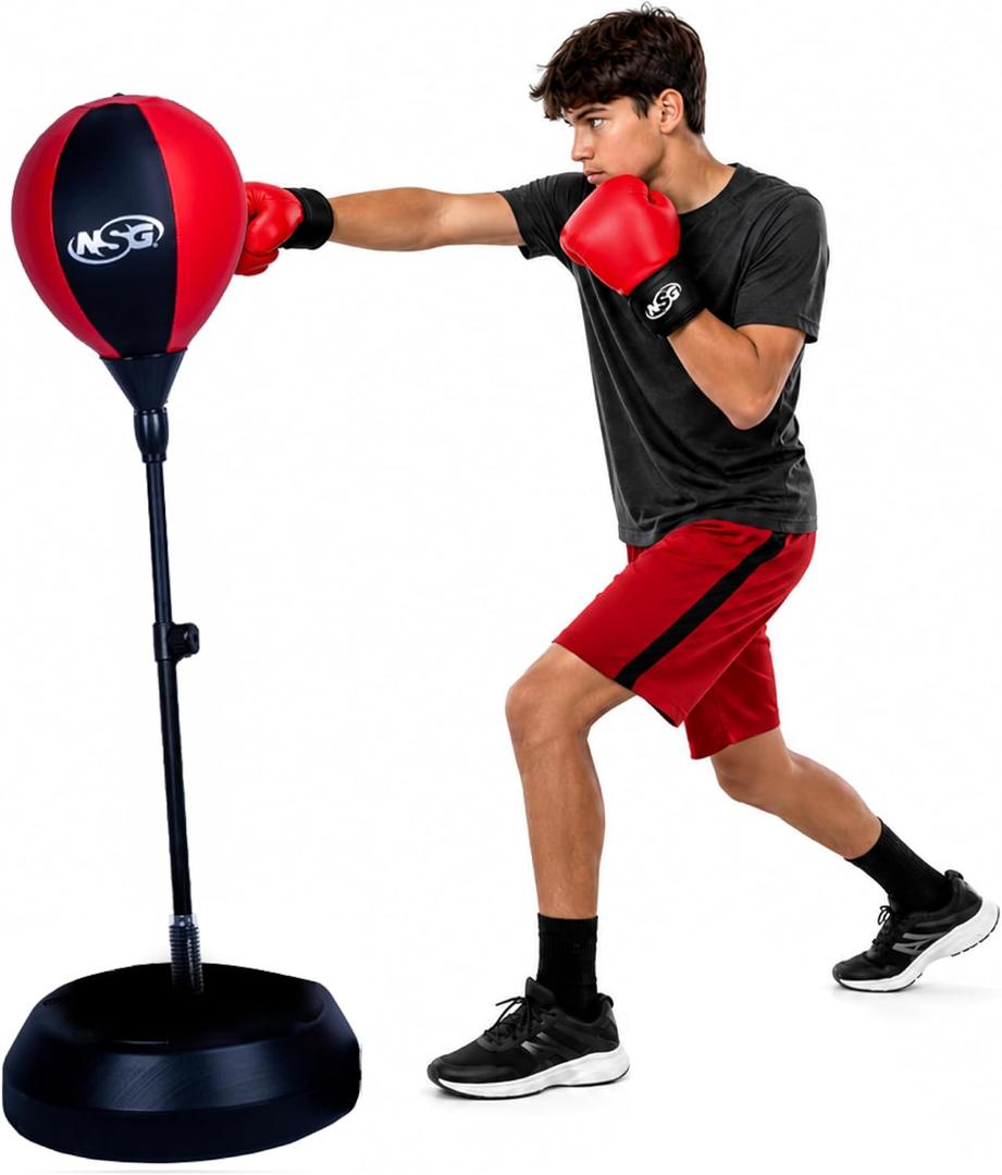 NSG Punching Bag for Kids & Boxing Gloves Set - Adjustable Freestanding Speed Bag with Spring-Loaded Stand, Junior Boxing Gloves & Hand Pump - Portable, Easy Assembly for Boys, Teens, Toddlers Ages 4+, Large