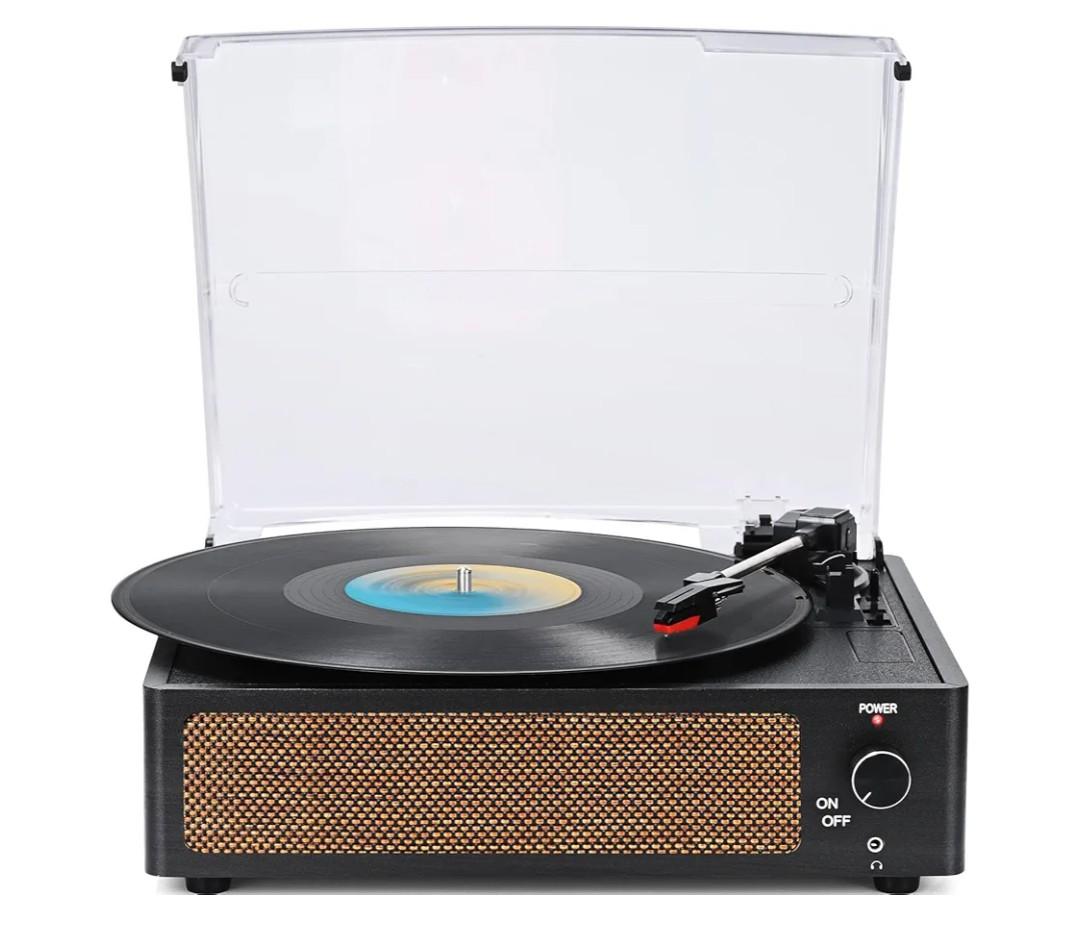 Vinyl Record Players Vintage Turntable with Speakers Belt-Driven Turn Tables Support 3-Speed, Bluetooth Wireless Playback, Headphone, AUX-in, RCA Line LP Phonograph Auto Stop Retro Black