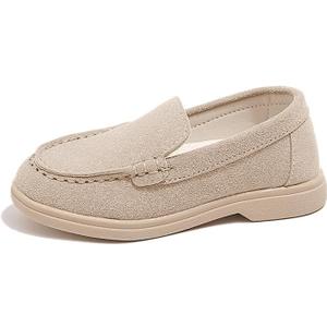 SOFMUO Toddler Boys Girls Loafers Slip On Little Kids Oxford Dress Flats Casual Boat Shoes School Uniform Moccasin Daily Walking Shoes (Suede/Beige)