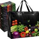 Simply Cool 50 Pack Reusable Grocery Bags, Large Tote Bags Bulk, Printed | 13”x12.6”x7.25" Heavy Duty Non-woven Black Shopping Bags with Handles, Foldable, Washable for Retail and Commercial use