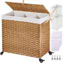 Greenstell Laundry Hamper with Wheels&Lid, 130L Large 3 Sections Clothes Hamper with 2 Types Removable Liner Bags, 5 Mesh Laundry Bags, Handwoven Divided Laundry Basket for Clothes, Natural