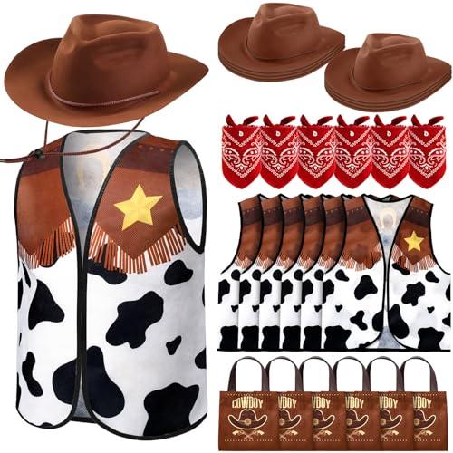 Toulite 24 Pcs Cowboy Cowgirl Hats Pack Cowboy Costume Outfit Include 6 Hats 6 Vest 6 Bandanas 6 Bags for Kids Party(Brown)