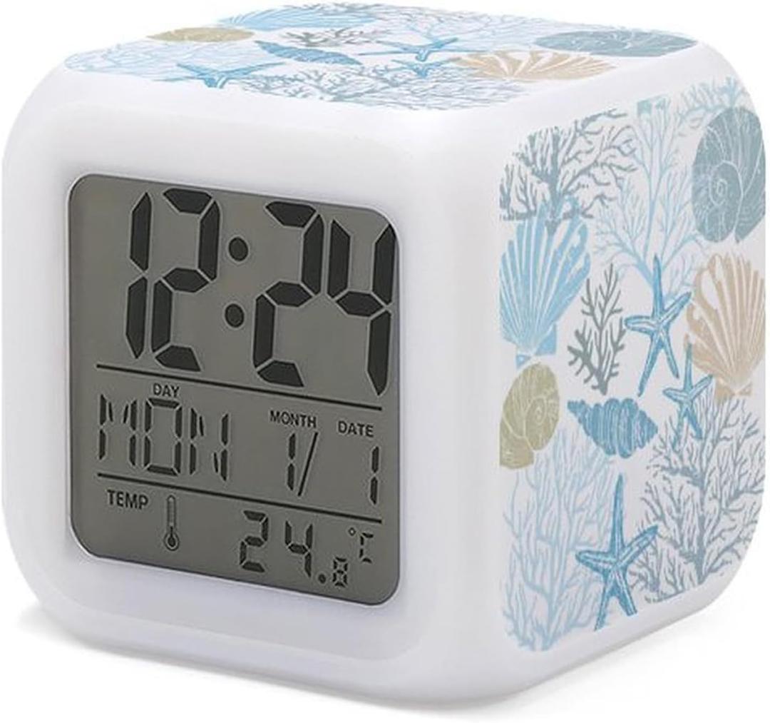 Starfish Seashell Alarm Clock for Kids Boy Girl 7 LED Color Changing Wake Up Clock Home Decor Bedroom Digital with Temperature Display