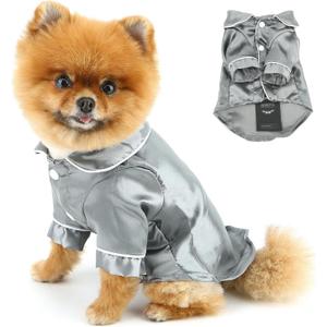 Soft Faux Silk Sleepwear for Small Dogs, Cats Lapel Doggie Loungewear, Lightweight Breathable Puppy Pajamas PJS Two-Legged Pet Shirt Clothes Summer Spring, Chihuahua Apparel, Button Up, Gray, Small