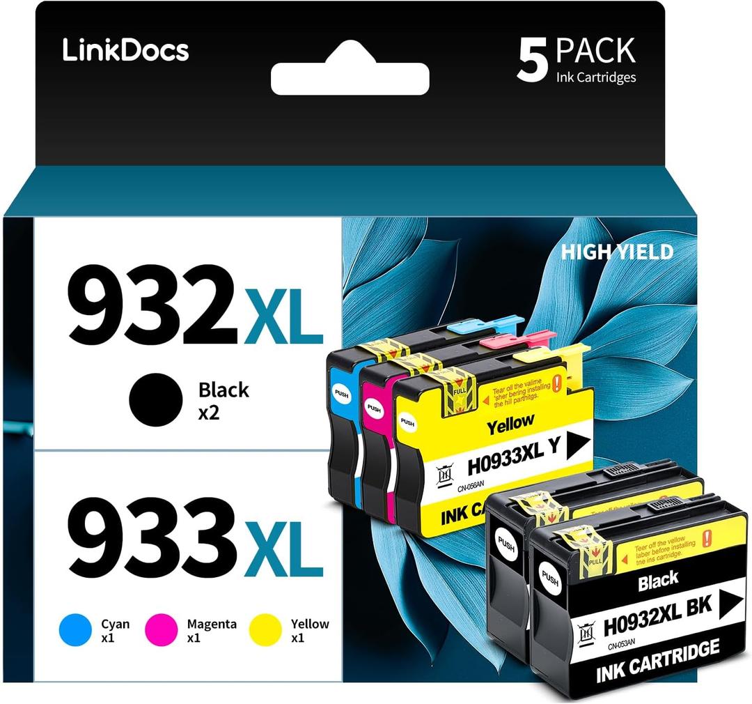 LinkDocs 932XL 933XL Ink Cartridge Compatible Replacement for HP 932XL 933XL 932 933 Used with Officejet 7110 6600 6700 6100 7612 7610 Printer (5 Pack, 2xBlack,Cyan,Magenta,Yellow)