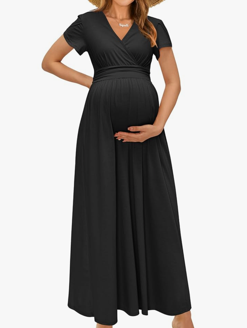 OUGES Maternity Maxi Dress Wrap V Neck Baby Shower Pregnancy Dresses for Photoshoot, 5XL, Black
