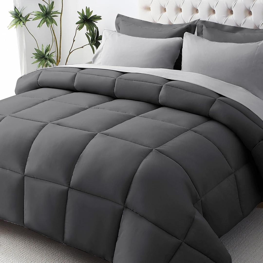 JOLLYVOGUE Full Comforter Set, Ultra-Soft Bed in a Bag Full Size 7 Pieces, Oeko-TEX Certified Bedding Set with Down Alternative Comforter, Sheets, Pillowcases & Shams, Dark & Light Grey (FULL(86"*82"))