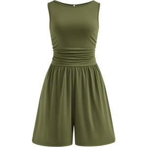 PRETTYGARDEN Summer Rompers for Women 2026 Dressy Casual Sleeveless Short Wide Leg Jumpsuits Beach Vacation One Piece Outfits (X-Small, Army Green)