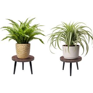 2 Pcs 8 inch Plant Stands, Small Floor Indoor Plant Stand, Mid Century Wood Planter Stand with Metal Leg, Round Modern Plant Stool for Indoor Outdoor Flower Pots (Brown)