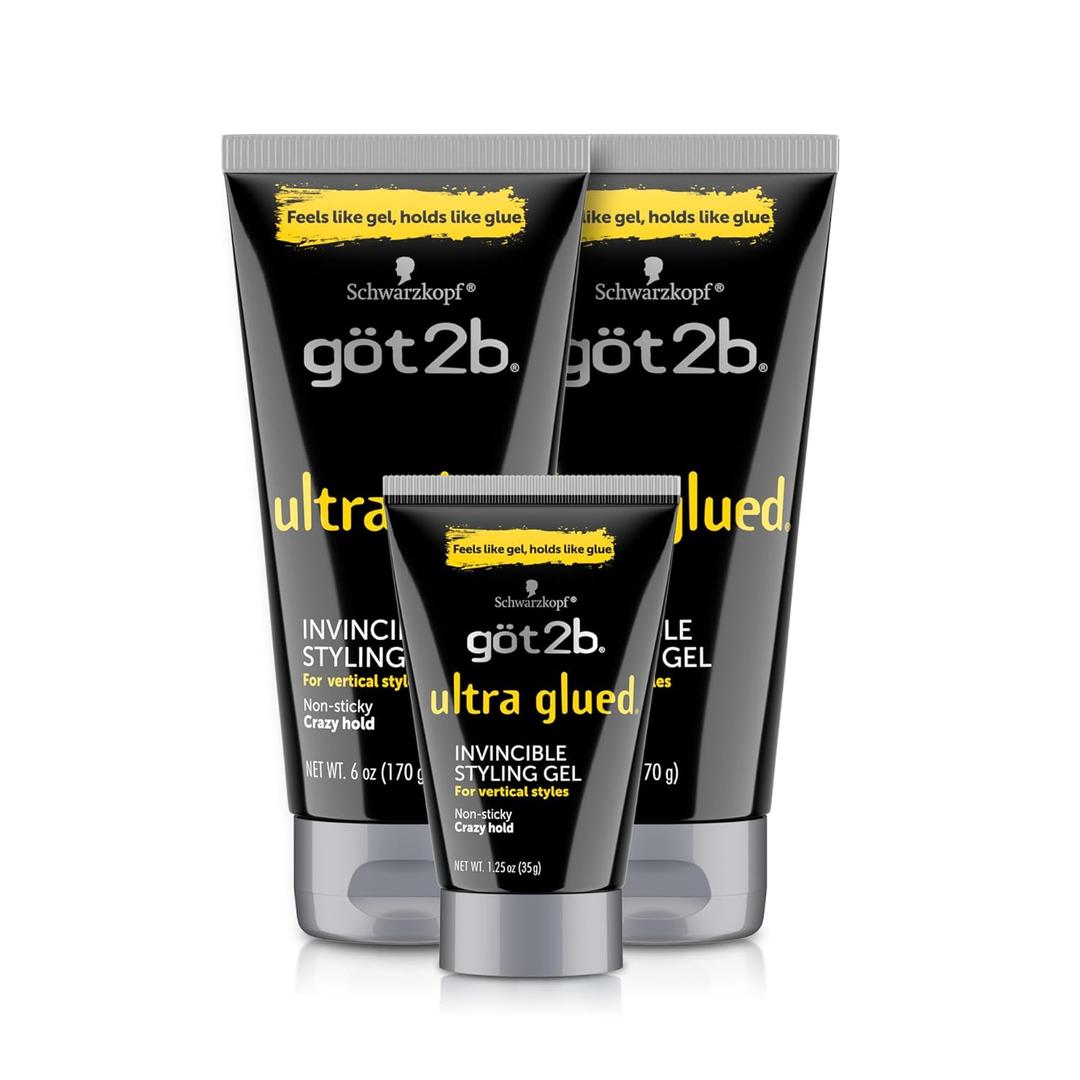 got2b Ultra Glued Invincible Styling Gel Set, 6 Fl Oz (2-Tube) + 1.25 Fl Oz Travel Size, Hair Gel for Men and Women with Extra Strong Hold, Non-Sticky, No-Flake Formula for Vertical Styles