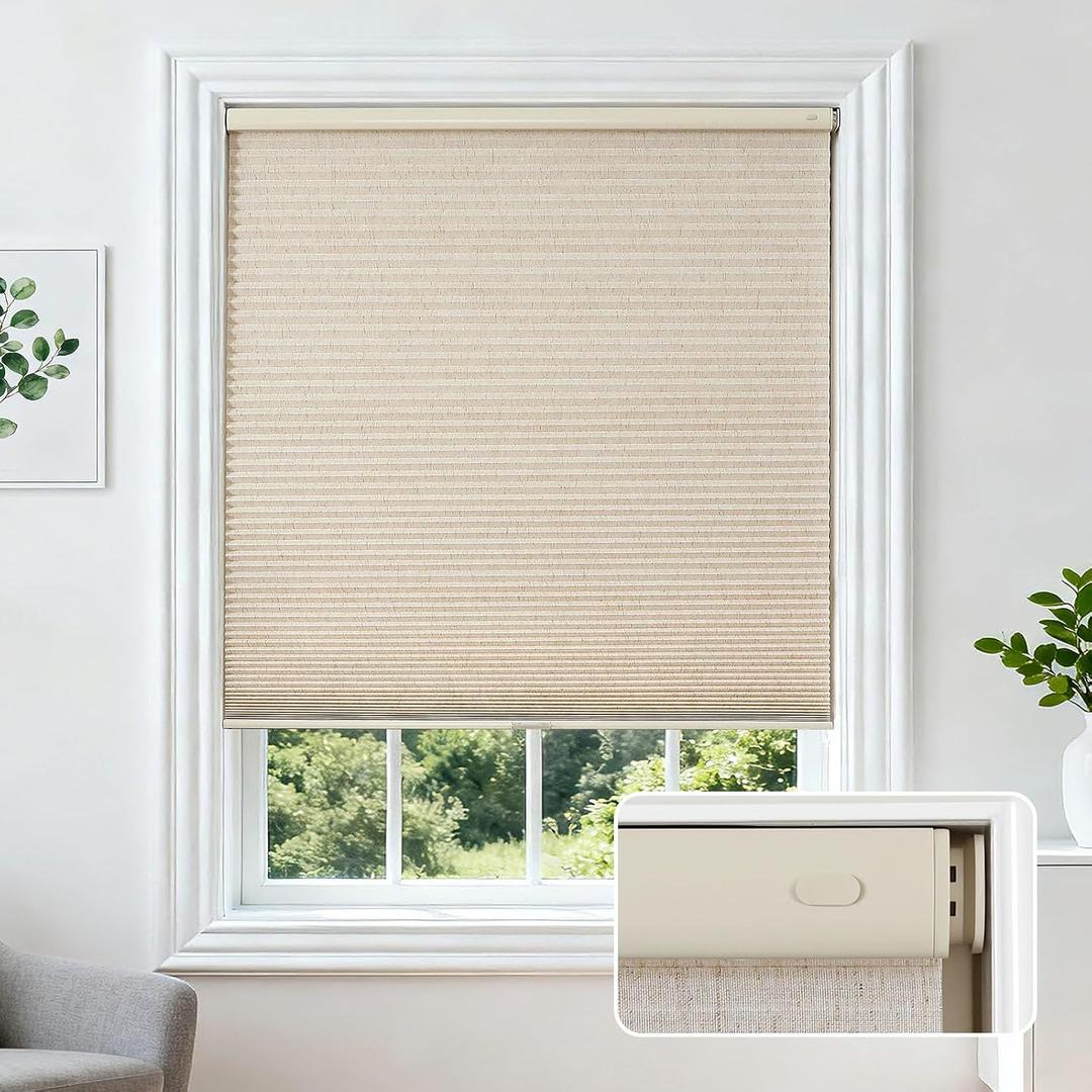 Joydeco No Drill Cordless Cellular Shades, 23" W x 64" H, Linen Beige