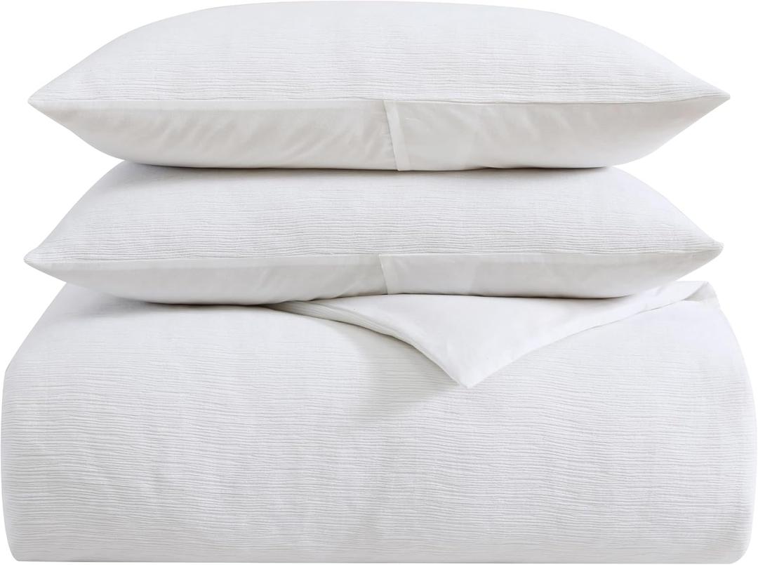 Vera Wang - King Duvet Cover Set, Soft Cotton Bedding with Matching Pillowcases, Button Closure & Inner Corner Ties, 3 Piece Bed Set (Textured Pleats White)