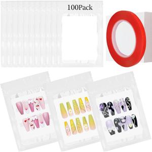 Qenk 100PCS Empty Holographic Nail Storage Bag Press on Nail Packaging Bag and 100PCS Shiny white cardboard Nail Tips Packaging Bags with 1 Roll Transparent Tape (White)