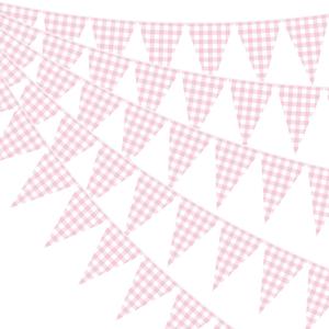 Pasimy 98.42 ft 120 Pieces Pink Gingham Pennant Banner - Pink Plaid Garland Decor Gingham String Triangle Party Bunting Flags for Birthday Baby Shower Party Decorations Supplies