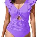 Sovoyontee Women's Ruffle One Piece Swimsuit Tummy Control Bathing Suits Drawstring Cutout V Neck Swimwear (Purple, S)