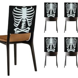 Halloween Chair Covers, Skeleton and Spider Design Chair Back Decor for Party, Halloween Home Decorations, Set of 4