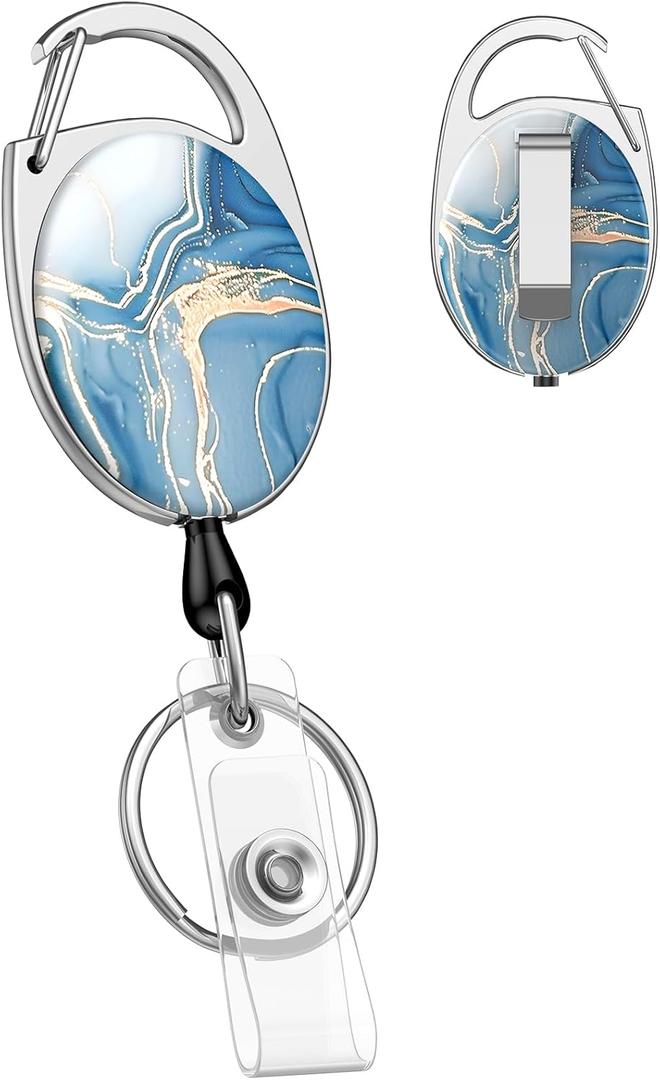 Uniclife Cute Retractable Keychain, Blue Marble Badge Holders, Key Ring, Badge Clip for Keys and ID Card, Heavy Duty Badge Reel with Carabiner
