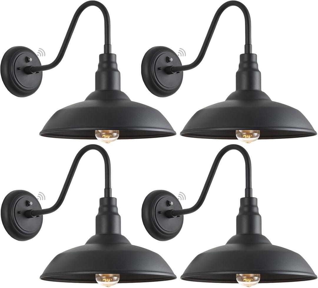 14 Inch Dusk to Dawn Barn Lights Outdoor, Large Gooseneck Barn Light, Matte Black Exterior Goose Neck Light, Outside Farmhouse Light Fixtures Wall Sconce for Porch, Garage, House, 4 Pack