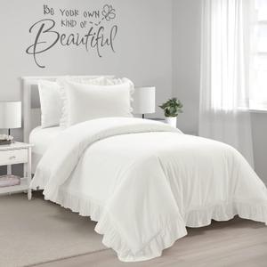 Lush Decor Reyna Ruffle Cotton Duvet Cover Set 2 Piece Set Twin XL, White - Cute Teen Bedding Set - White Duvet - Ruffled Bedding - Coquette Dorm Decor