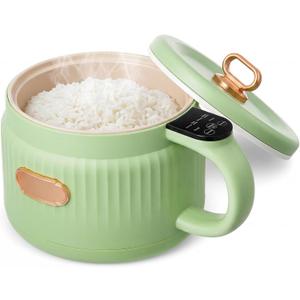 1 Pcs 1.6 L Electric Ramen rice Cooker Hot Pot electric Noodle Cooker, Boil Dry Protection, Non-stick Ceramic Coating Multi-functional Lazy Pot 6 Functions: Rice, Soup & More (Green)