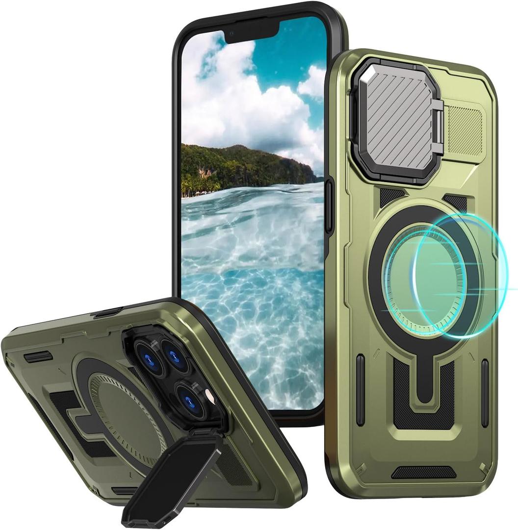 Haeuorey for iPhone 13 Pro Max & iPhone 12 Pro Max Case with Camera Cover & Stand [Compatible with MagSafe] [Built-in Kickstand] [Military-Grade Protection] Heavy Duty Magnetic Phone Case (Green)