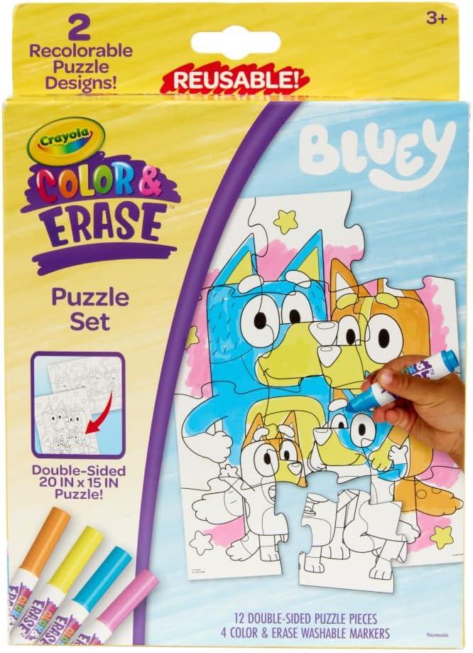 Crayola Color & Erase Bluey Puzzle Set, 12 Color in Puzzle Pieces, Reusable, Double Sided Kids Puzzle, Bluey Gift for Kids, 3+