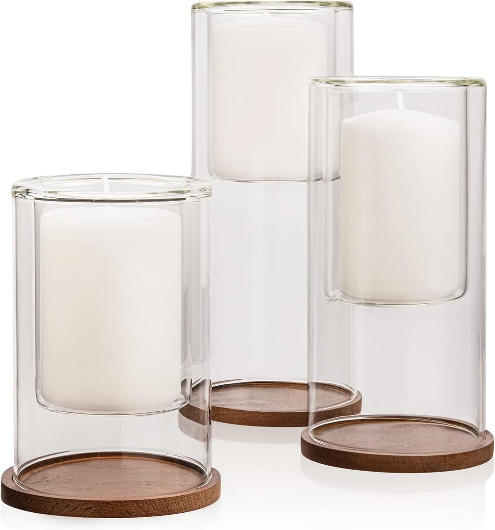 Set of 3 Glass Hurricane Candle Holders with Beech Wood Coasters, Crystal Clear Glass Pillar Candle Holders 4, 8 and 10 Tall, Decorative Centerpieces for Home, Weddings or Celebrations